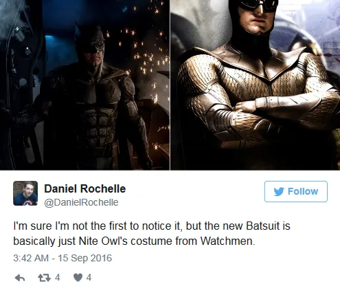 正义联盟导演公布蝙蝠侠新造型网友看到了守望者夜枭的影子