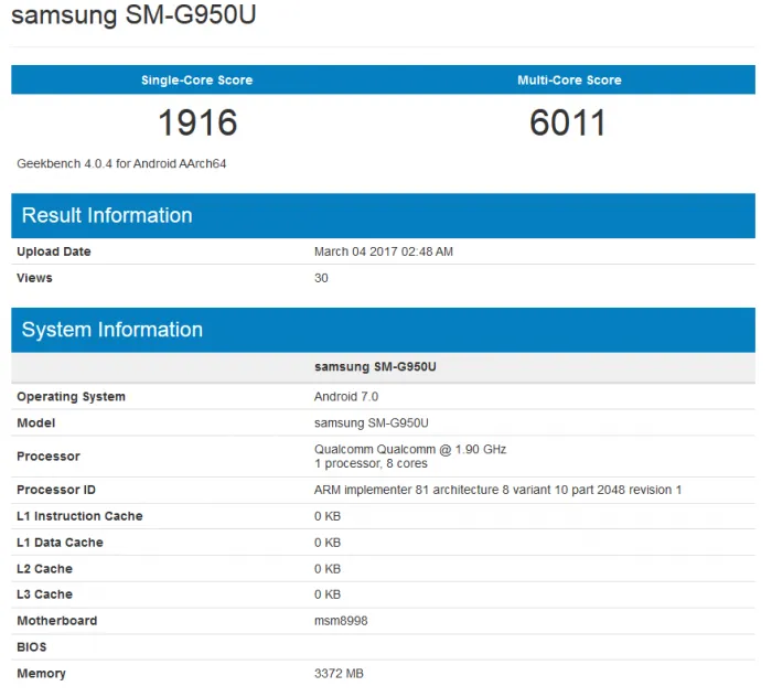 三星Galaxy S8现身基准测试数据库，采用4GB内存