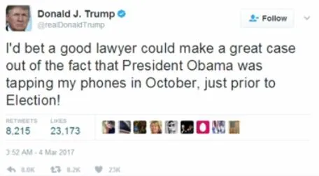 特朗普指责奥巴马:大选期间窃听了我的手机