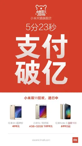 小米天猫双11破1亿元 用时5分23秒