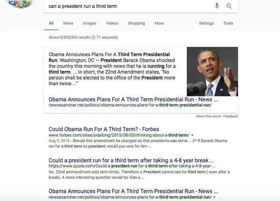 Google也被假新闻骗了：奥巴马将第三次竞选总统