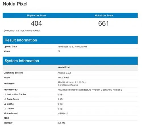 新款诺基亚安卓智能手机现身测评网站Geekbench