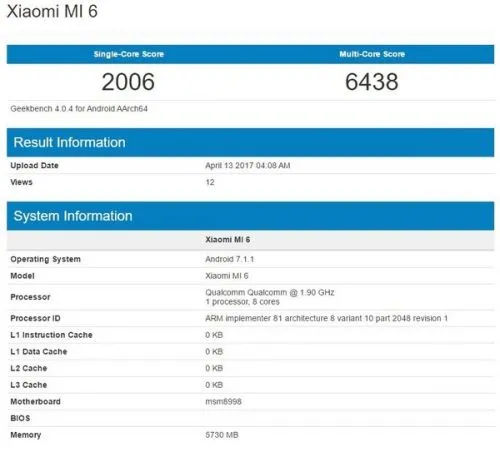 小米6现身Geekbench 这次是6GB版本