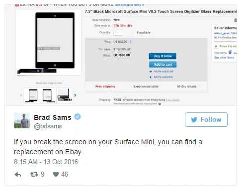 eBay上出现了适用于被放弃Surface Mini的屏幕