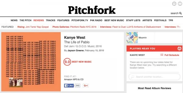 权威乐评Pitchfork为侃爷新专《TLOP》打9.0分