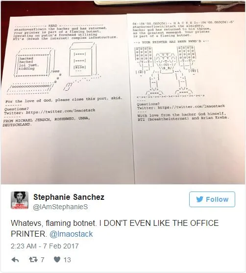 黑客入侵了 16 万打印机：然后吐出了有趣的 ASCII 码图案