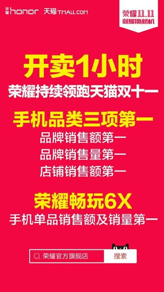 双·11首战告捷！荣耀畅玩6X一小时拿下双料冠军