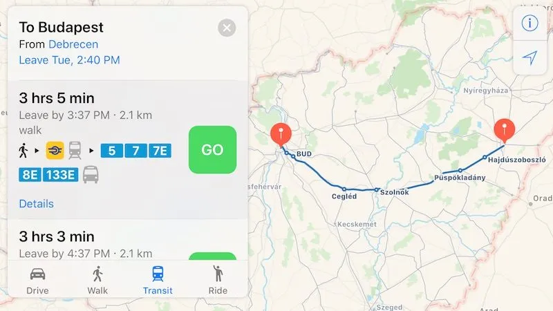 苹果地图公交查询功能登陆匈牙利