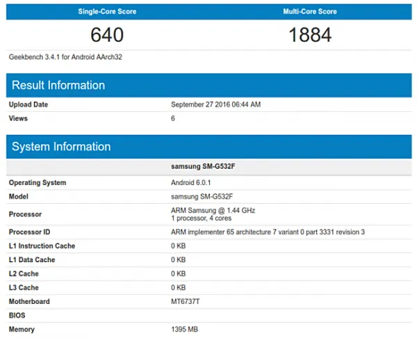 三星Galaxy Grand Prime（2016）现身GeekBench跑分库