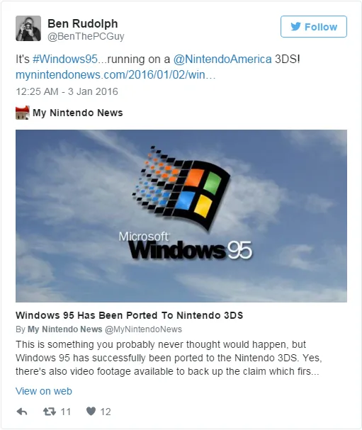 [视频]在任天堂3DS掌机上跑Windows 95？还真有人这么干了