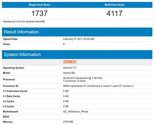 小米MIX MIUI 8携Android 7.0系统现身GeekBench