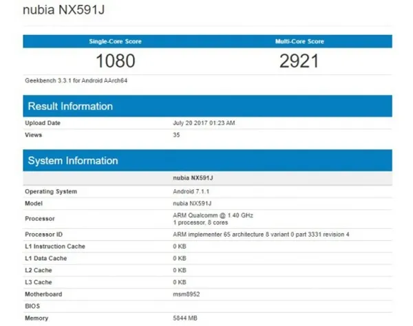 努比亚神秘新机现身GeekBench：骁龙617竟配了6G内存