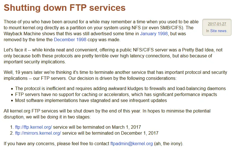 Kernel.org宣布将关闭FTP服务器