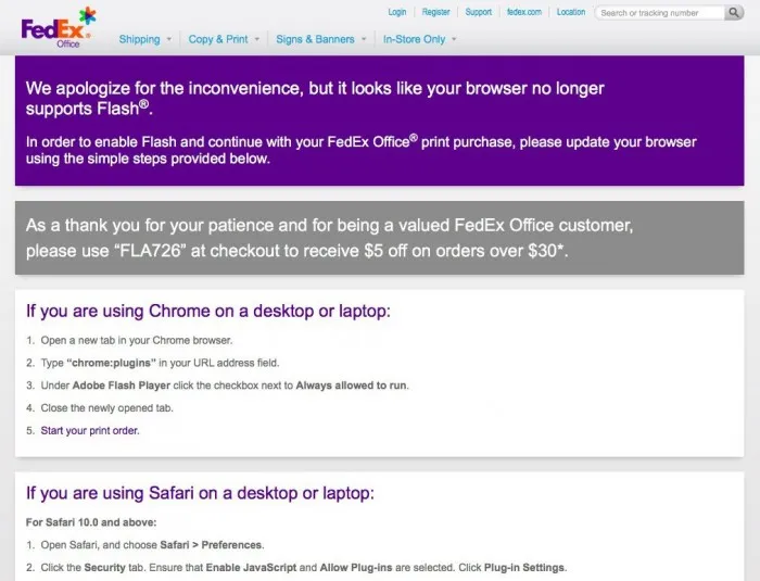 FedEx向无法正常显示Flash的浏览器用户提供5美元折扣