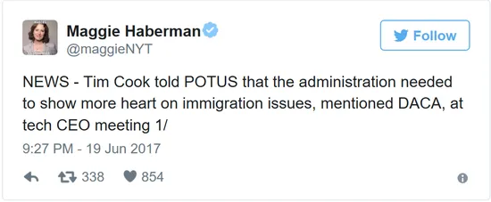 库克与特朗普讨论移民政策：科技员工担心成攻击目标