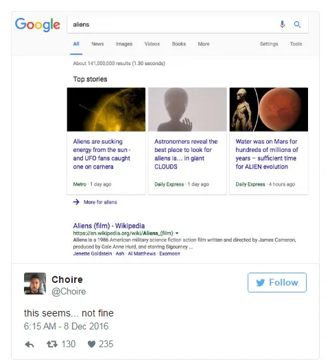 谷歌将关于外星人的假新闻放置到搜索结果的最顶端