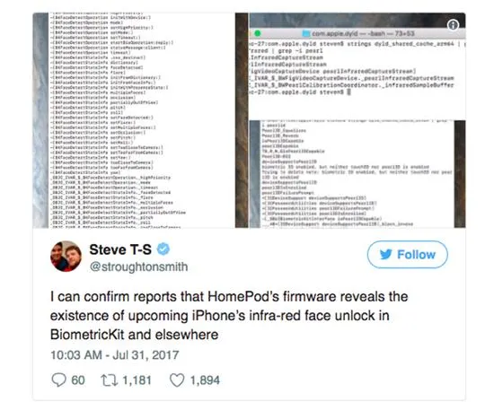 苹果固件代码泄密iPhone 8:全面屏 支持人脸识别解锁