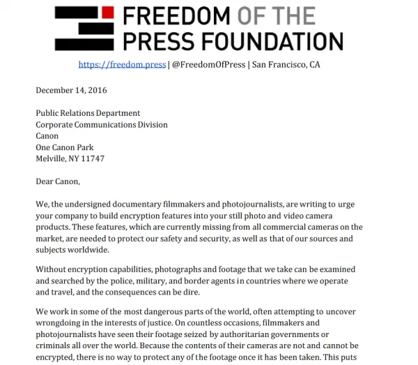 新闻自由基金会发公开信呼吁相机厂商提升产品加密性