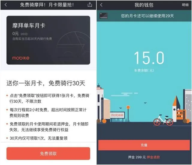 摩拜单车推出月卡：免费骑行30天