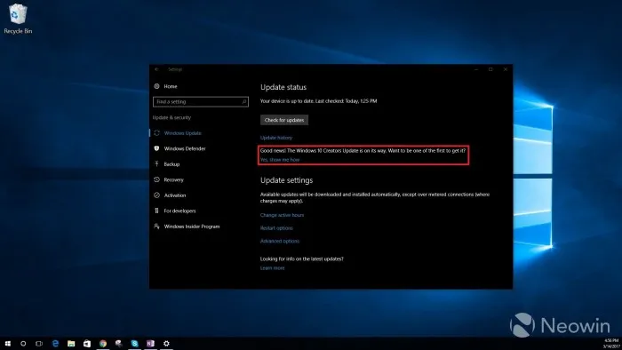 Win 10升级后显示：想第一时间获得Creators Update更新吗？