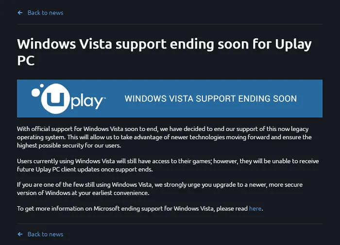 育碧Uplay将终止支持Windows Vista，用户将无法获得更新