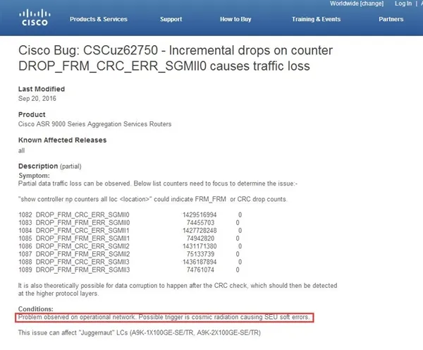 思科：宇宙射线触发了路由器BUG