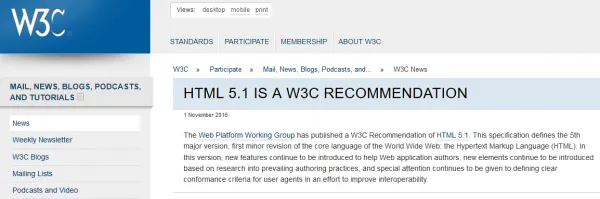 W3C 发表 HTML 5.1 网页规范 5.2正在路上