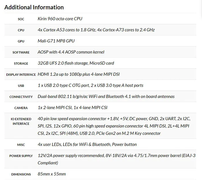 华为麒麟960处理器的开发板来了：32GB UFS闪存，售价240美元