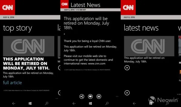 CNN将在7月18日从Windows Phone应用商城撤除