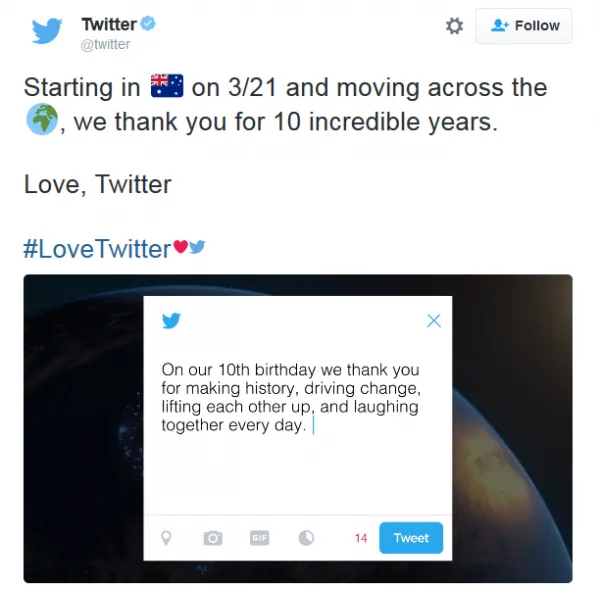 [视频]Twitter发布十周年广告 含一封140个字符的感谢信