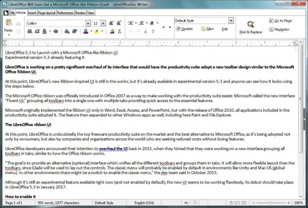 LibreOffice 5.3使用类似微软Office的功能区用户界面