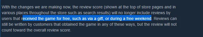 进一步完善评分系统，Steam评分系统不再统计免费获得途径