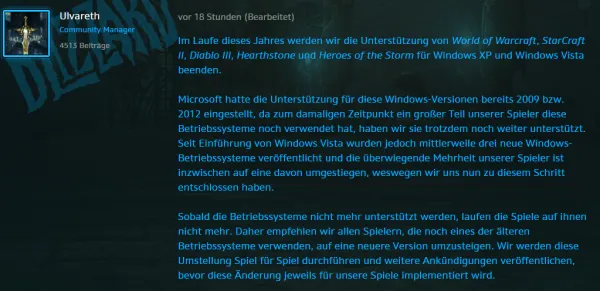 暴雪游戏今年终止Windows XP、Vista系统支持