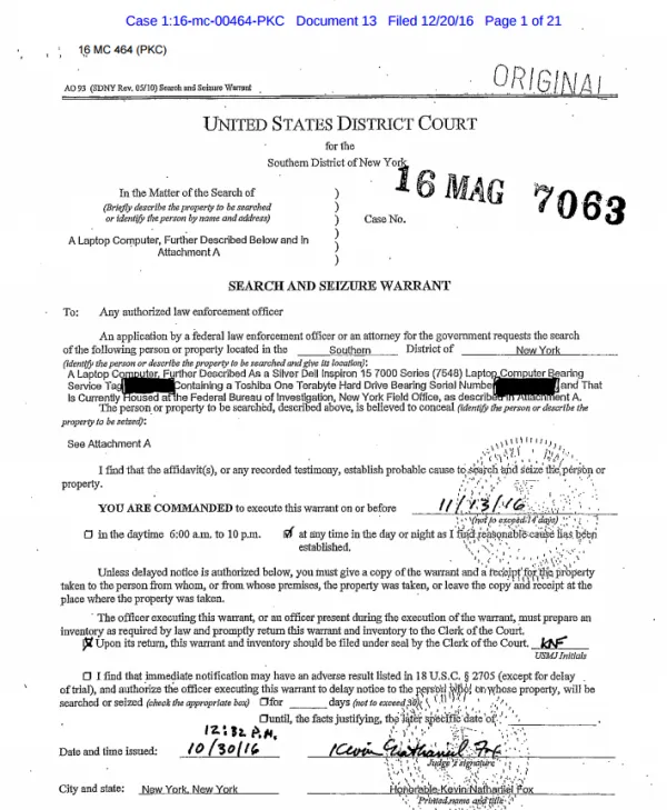 美国法院公布FBI得以调查希拉里邮件的搜查令