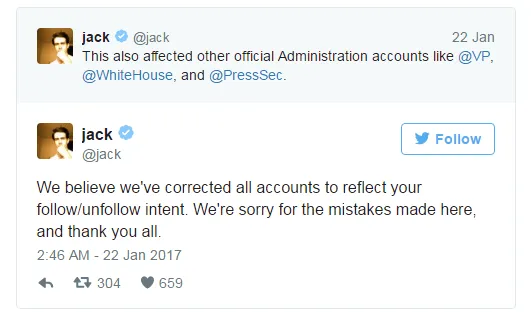 Twitter CEO杰克·多西解释有些用户被自动关注@POTUS的原因