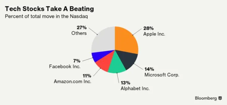 苹果、微软等五大科技股掉链子 纳指下跌2.1%