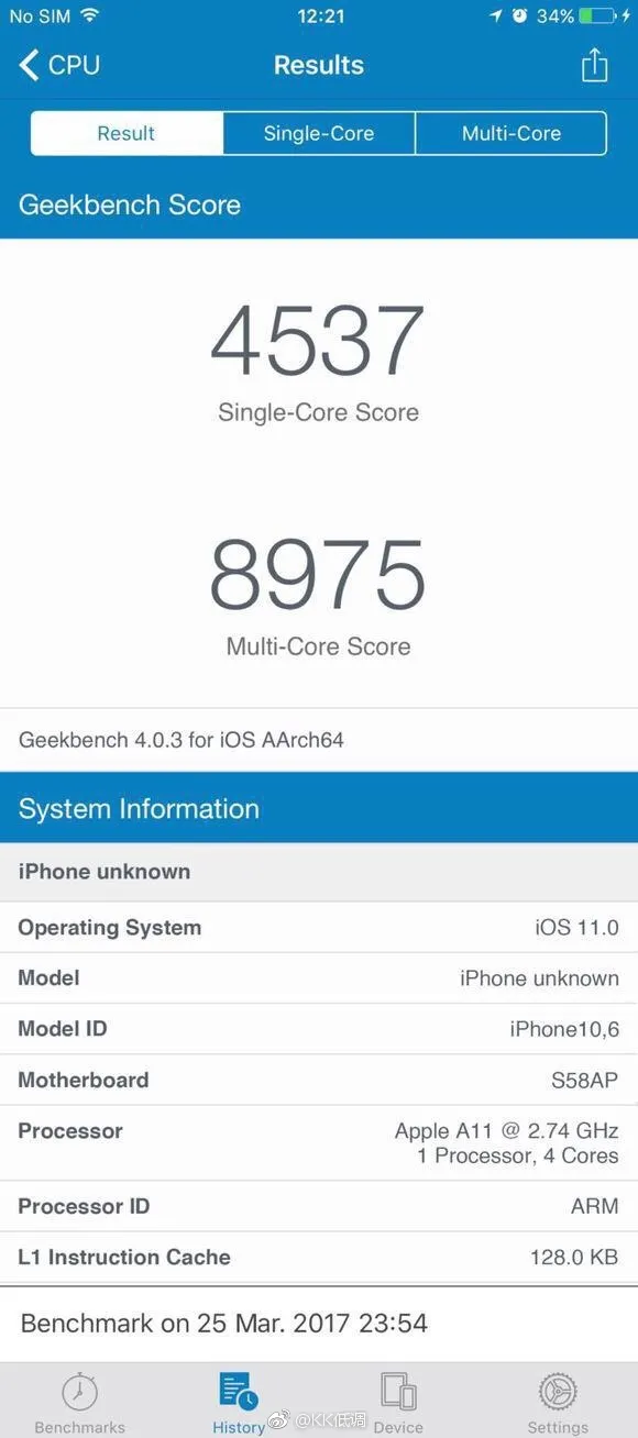 疑似iPhone 8跑分图现身网络 甩骁龙835几条街