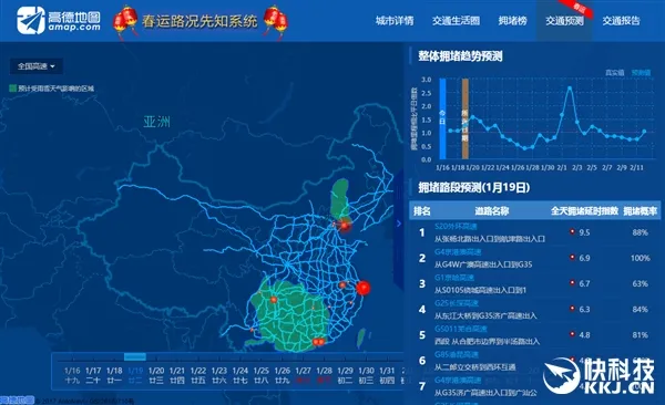 高德地图发布春运路况先知系统：实时查看道路拥堵