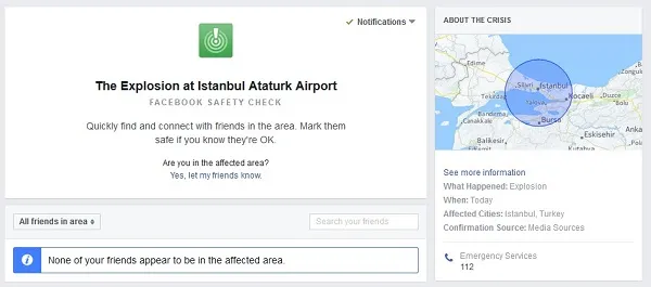 Facebook在土耳其Ataturk机场爆炸案后启用了Safety Check功能