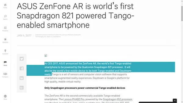 高通意外提前泄露了第二款“Tango手机”华硕ZenFone AR