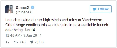 因天气条件恶劣：SpaceX猎鹰9号发射被推迟一周