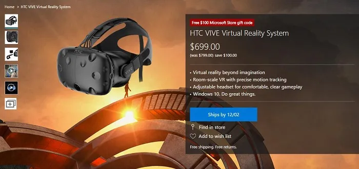 担心高端VR头显太高昂？微软优惠你100美元购买HTC Vive