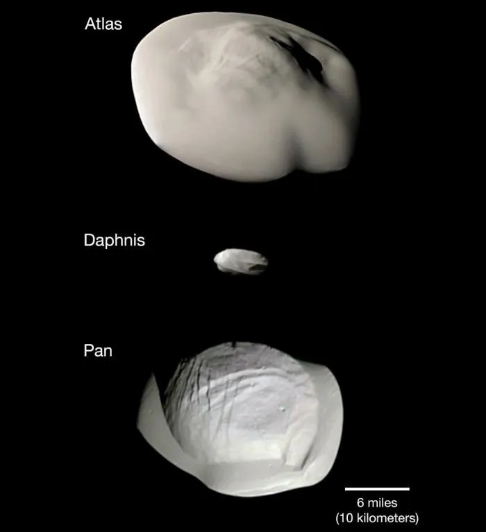 卡西尼号摄制三颗怪异土星卫星对比照片