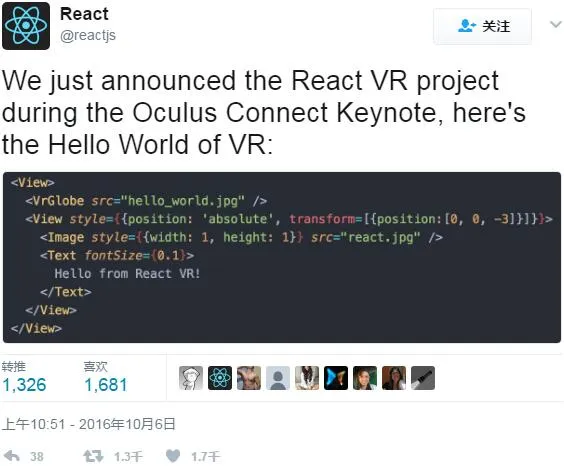 FB推出React VR：基于JavaScript框架的虚拟现实创建工具