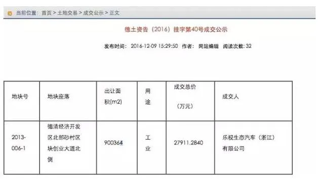 乐视2.79亿元受让德清莫干山1350亩汽车项目地块