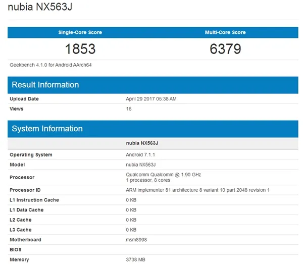 无边框全面屏？nubia Z17现身跑分：骁龙835+4G