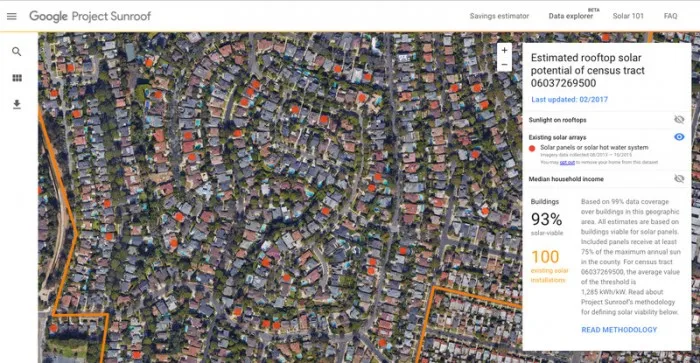 谷歌Project Sunroof向用户展示其周围的太阳能面板使用情况