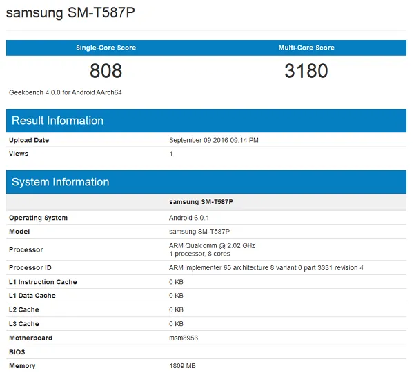 三星SM-T587P新平板曝光：骁龙625、2GB运存、Android 6.0.1