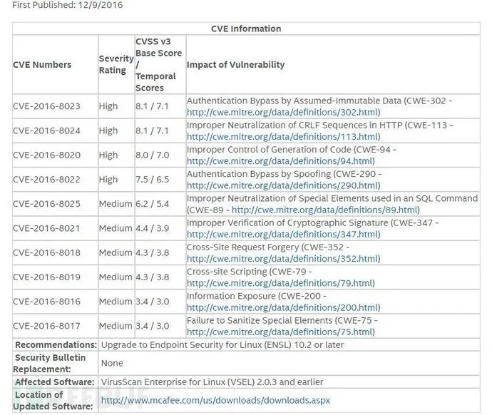 McAfee VirusScan Linux企业版存在多个高危漏洞，请尽快升级