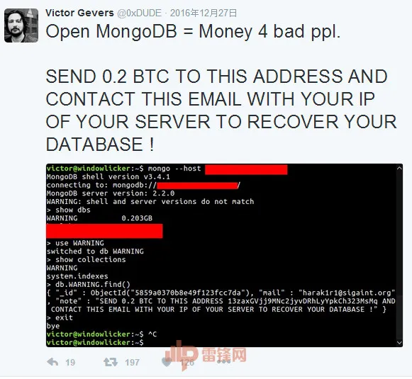 MongoDB数据库勒索，中国受害者数量超乎你的想象，SOS！